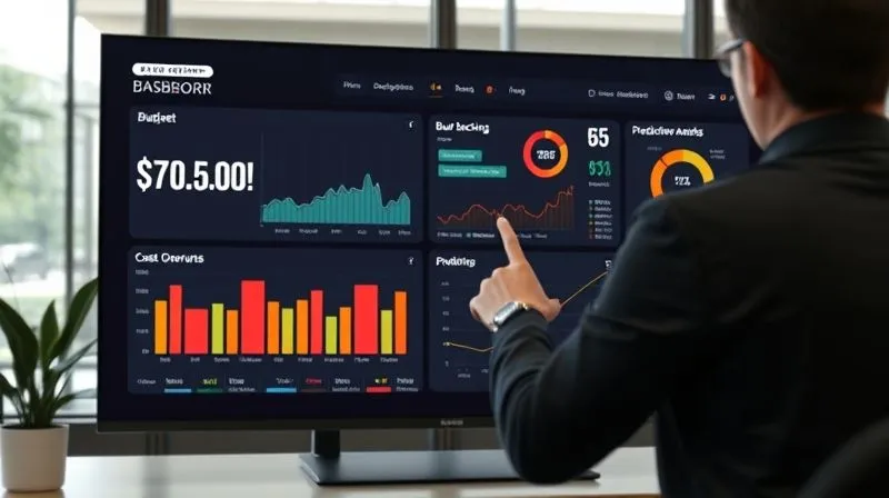 A photorealistic image of a modern, sleek project management dashboard displayed on a large monitor, showing real-time budget tracking, burn-down charts, and predictive analytics graphs indicating potential future cost overruns. The interface is intuitive, with key performance indicators (KPIs) highlighted. In the foreground, a project manager is interacting with the screen using a gesture. Cinematic lighting, sharp focus, 8K hyper-detailed.