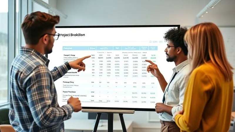 A photorealistic image of diverse team members in a modern office collaborating around a large touchscreen displaying a detailed project budget breakdown. They are pointing at specific cost categories, engaged in a discussion about optimization, with a whiteboard in the background showing cost-saving ideas. Professional photography, 8K, cinematic lighting, sharp focus on the team and screen, depth of field blurring the background, shot on a high-end DSLR. A photorealistic image of diverse team members in a modern office collaborating around a large touchscreen displaying a detailed project budget breakdown. They are pointing at specific cost categories, engaged in a discussion about optimization, with a whiteboard in the background showing cost-saving ideas. Professional photography, 8K, cinematic lighting, sharp focus on the team and screen, depth of field blurring the background, shot on a high-end DSLR.