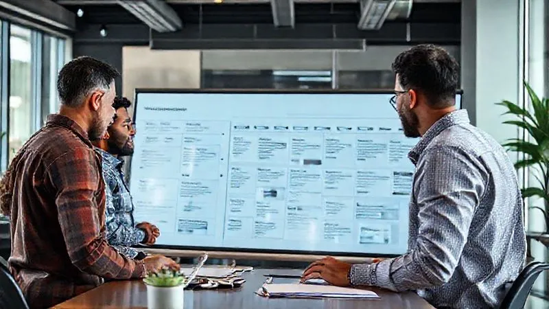 A photorealistic, professional photography, 8K, cinematic lighting, sharp focus, depth of field, shot on a high-end DSLR image of a diverse project team in a modern, collaborative office space, gathered around a large digital whiteboard displaying a project timeline and user stories. They are actively discussing and strategizing, with one team member pointing at a revised section, conveying active problem-solving and adaptation. A photorealistic, professional photography, 8K, cinematic lighting, sharp focus, depth of field, shot on a high-end DSLR image of a diverse project team in a modern, collaborative office space, gathered around a large digital whiteboard displaying a project timeline and user stories. They are actively discussing and strategizing, with one team member pointing at a revised section, conveying active problem-solving and adaptation.