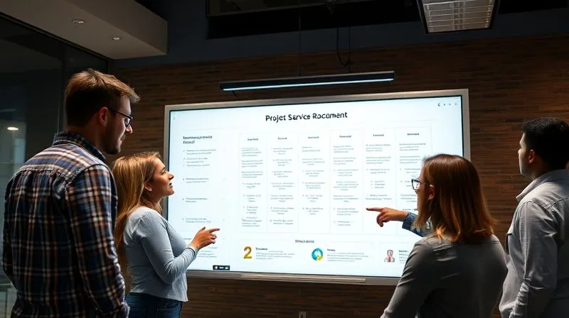 A photorealistic, professional photography, 8K, cinematic lighting, sharp focus, depth of field, shot on a high-end DSLR of a diverse project team collaborating around a large interactive digital whiteboard displaying a clear project roadmap and scope document. They are actively discussing and pointing, demonstrating open communication and shared understanding. The atmosphere is professional and engaged.