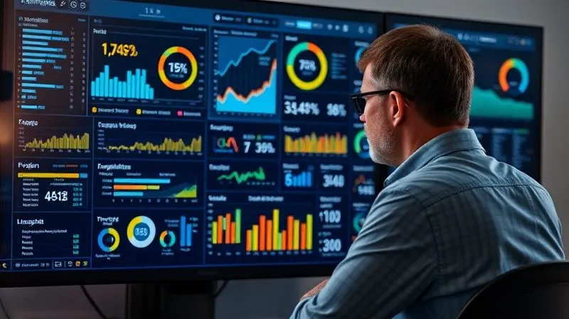 A photorealistic, professional photography, 8K, cinematic lighting, sharp focus, depth of field, shot on a high-end DSLR of a project manager intently analyzing a complex digital dashboard on a large monitor, displaying various project metrics like burndown charts, budget variance, and task completion rates. The data is clear and visually compelling, indicating a focus on performance monitoring.
