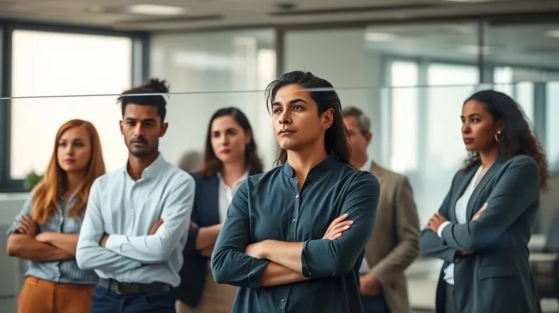 Photorealistic, professional photography, 8K, cinematic lighting, sharp focus, depth of field, shot on a high-end DSLR. A diverse project team in a modern office, one member looking isolated and withdrawn, arms crossed, while others look concerned and glance towards them. A subtle, transparent, shimmering barrier metaphorically separating the withdrawn team member from the group, representing communication breakdown and lack of psychological safety. Emotionally resonant, conveying frustration and disconnect, with a soft, warm light on the concerned team members and a cooler, slightly shadowed light on the isolated individual. Photorealistic, professional photography, 8K, cinematic lighting, sharp focus, depth of field, shot on a high-end DSLR. A diverse project team in a modern office, one member looking isolated and withdrawn, arms crossed, while others look concerned and glance towards them. A subtle, transparent, shimmering barrier metaphorically separating the withdrawn team member from the group, representing communication breakdown and lack of psychological safety. Emotionally resonant, conveying frustration and disconnect, with a soft, warm light on the concerned team members and a cooler, slightly shadowed light on the isolated individual.