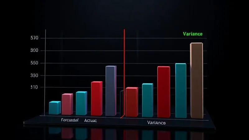A photorealistic 3D bar chart showing a comparison of forecasted versus actual financial metrics, with clear red and green indicators for variances. The chart is dynamic and interactive-looking, set against a dark, professional background with soft, cinematic lighting, sharp focus on the data points, depth of field blurring the edges, 8K hyper-detailed, shot on a high-end DSLR.