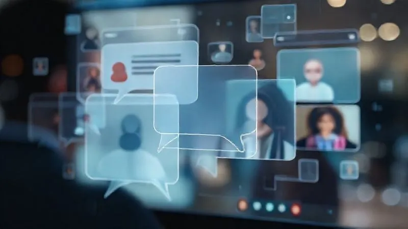 A photorealistic image depicting a fragmented digital communication interface with overlapping chat bubbles and video call windows, symbolizing communication breakdowns and information silos in a remote team. One chat bubble shows a 'missed message' icon. Professional photography, 8K, cinematic lighting, sharp focus on the central interface, depth of field blurring the background, shot on a high-end DSLR. A photorealistic image depicting a fragmented digital communication interface with overlapping chat bubbles and video call windows, symbolizing communication breakdowns and information silos in a remote team. One chat bubble shows a 'missed message' icon. Professional photography, 8K, cinematic lighting, sharp focus on the central interface, depth of field blurring the background, shot on a high-end DSLR.