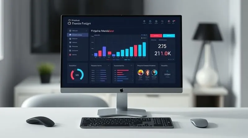 A photorealistic image of a sleek, minimalist desk setup with a single monitor displaying a project management dashboard, indicating streamlined digital workflow. A focused remote worker is visible in the background, out of focus, symbolizing efficiency. Professional photography, 8K hyper-detailed, cinematic lighting. A photorealistic image of a sleek, minimalist desk setup with a single monitor displaying a project management dashboard, indicating streamlined digital workflow. A focused remote worker is visible in the background, out of focus, symbolizing efficiency. Professional photography, 8K hyper-detailed, cinematic lighting.