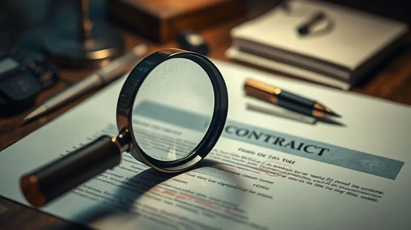 A photorealistic image of a detective's desk with a magnifying glass over a blurred contract, subtle hints of a complex puzzle, cinematic lighting, sharp focus on the magnifying glass, depth of field blurring the background, 8K hyper-detailed, professional photography, shot on a high-end DSLR.