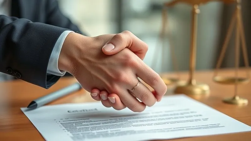 A photorealistic image of two hands shaking over a contract, with a subtle shift in focus to a 'give and take' scale balancing in the background. Professional photography, sharp focus on hands, depth of field, 8K, cinematic lighting, shot on a high-end DSLR.
