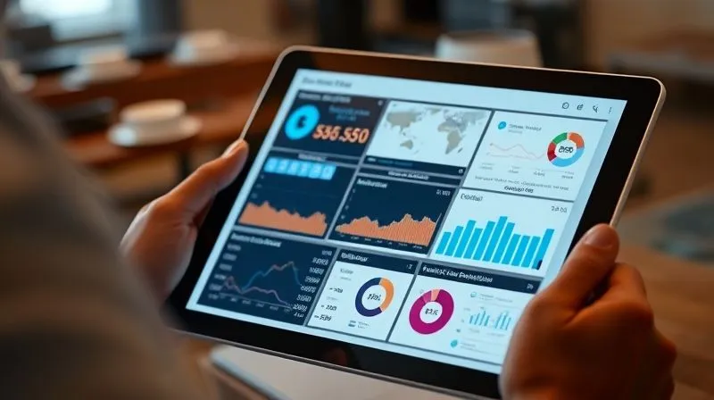 A photorealistic image of a person studying a detailed CRM dashboard on a tablet, focusing on sales pipeline analytics, with charts and graphs, cinematic lighting, sharp focus on the tablet screen, depth of field blurring the background, 8K hyper-detailed, professional photography, shot on a high-end DSLR.