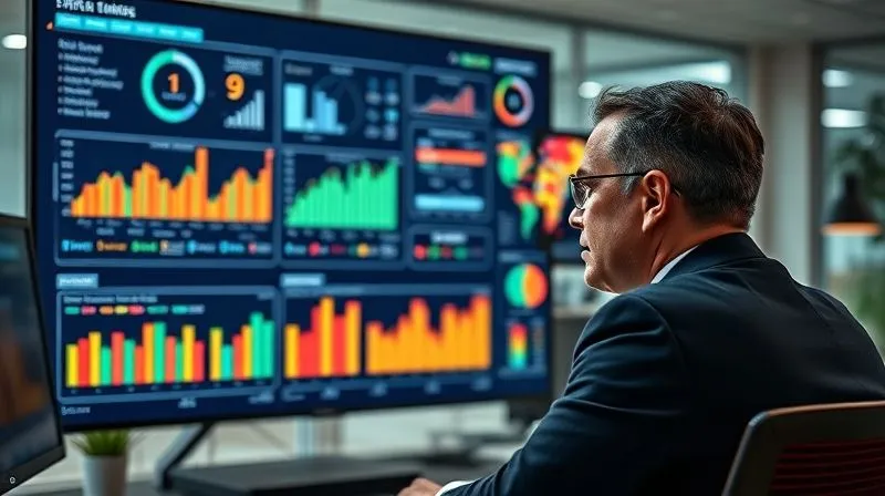 A photorealistic image of a sales manager looking intently at a large digital dashboard displaying various sales metrics, charts, and a heat map of territories. The screen shows balanced and unbalanced territories highlighted with different colors. Professional office setting, 8K, cinematic lighting, sharp focus on the data, depth of field blurring the background.