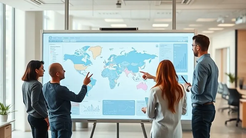 A photorealistic image of a sales team collaborating around a large interactive digital whiteboard, on which a dynamic sales territory map is being adjusted in real-time. Team members are pointing at sections, discussing metrics, and making data-driven decisions. Modern, bright office, 8K, cinematic lighting, sharp focus on the team and screen, depth of field blurring the background.