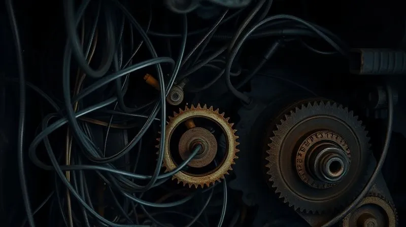 photorealistic, professional photography, 8K, cinematic lighting, sharp focus, depth of field, shot on a high-end DSLR. A dark, tangled web of wires and partially obscured, rusting gears, symbolizing hidden technical debt and accumulating problems in a complex machine. The lighting is dramatic, highlighting the neglected areas.