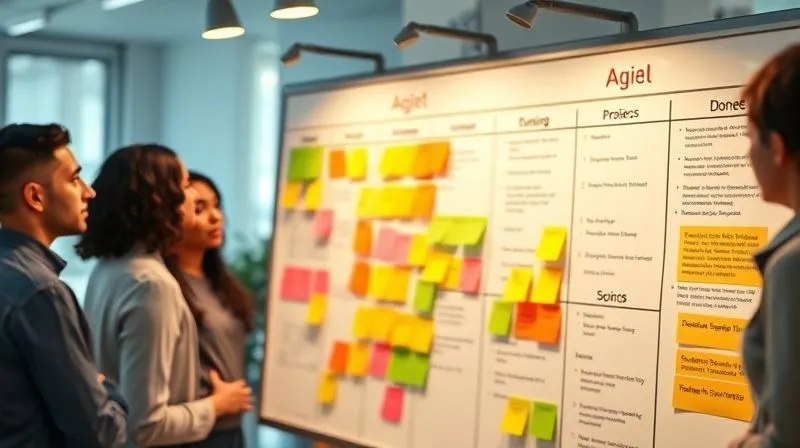 photorealistic, professional photography, 8K, cinematic lighting, sharp focus, depth of field, shot on a high-end DSLR. A brightly lit, modern agile project board, meticulously organized with colorful sticky notes and clear swimlanes, showing progress from 'To Do' to 'Done'. A diverse team is visible in the background, engaged and collaborating around the board.
