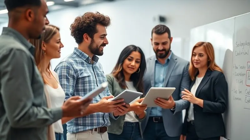 photorealistic, professional photography, 8K, cinematic lighting, sharp focus, depth of field, shot on a high-end DSLR. A diverse group of professionals engaged in a collaborative learning session, some holding tablets, others discussing at a whiteboard, with a blurred background of a modern office. The focus is on shared knowledge and growth, with subtle visual cues of 'T-shaped' skills.