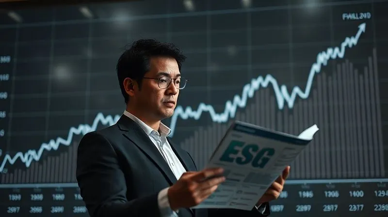 A photorealistic image of a financial graph with a gentle, consistent upward slope over a long timeline, contrasting sharply with jagged, short-term fluctuations. In the foreground, a business executive thoughtfully reviews a comprehensive ESG report. Cinematic lighting, sharp focus, depth of field, shot on a high-end DSLR, 8K hyper-detailed. A photorealistic image of a financial graph with a gentle, consistent upward slope over a long timeline, contrasting sharply with jagged, short-term fluctuations. In the foreground, a business executive thoughtfully reviews a comprehensive ESG report. Cinematic lighting, sharp focus, depth of field, shot on a high-end DSLR, 8K hyper-detailed.