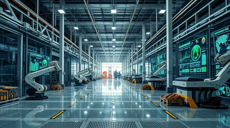 A photorealistic image of a futuristic, sleek factory floor where automated robotic arms sort and process materials for recycling, with transparent panels showing data visualizations of resource flows and energy efficiency. Cinematic lighting, sharp focus, depth of field, shot on a high-end DSLR, 8K hyper-detailed. A photorealistic image of a futuristic, sleek factory floor where automated robotic arms sort and process materials for recycling, with transparent panels showing data visualizations of resource flows and energy efficiency. Cinematic lighting, sharp focus, depth of field, shot on a high-end DSLR, 8K hyper-detailed.