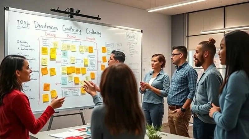 A photorealistic image of a diverse small business team gathered around a large whiteboard, filled with sticky notes and flowcharts, analyzing data with focused expressions. The room is modern and well-lit, with a sense of collaborative problem-solving. Professional photography, 8K, cinematic lighting, sharp focus, depth of field, shot on a high-end DSLR.