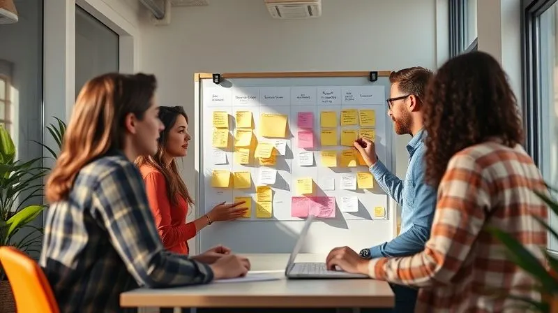 A photorealistic image of a small, modern office space with a diverse team collaborating around a kanban board, sticky notes indicating tasks and progress. The atmosphere is energetic and focused, with natural light streaming in. Professional photography, 8K, cinematic lighting, sharp focus on the team, depth of field, shot on a high-end DSLR.