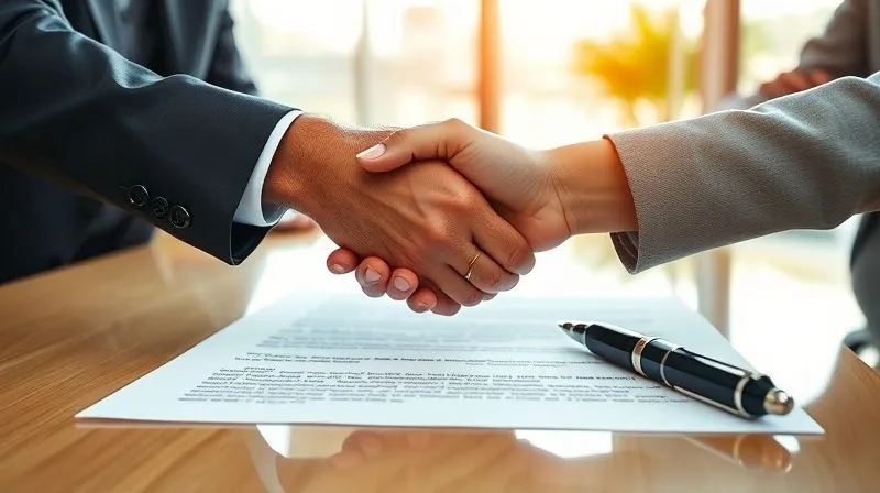 photorealistic, professional photography, 8K, cinematic lighting, sharp focus, depth of field, shot on a high-end DSLR, two diverse hands (one male, one female, both professional attire) shaking firmly over a glossy, highly detailed legal document or alliance charter, with a fountain pen resting beside it. The background is a modern, sunlit office, symbolizing agreement and a strong foundation.