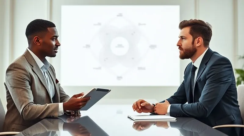 photorealistic, professional photography, 8K, cinematic lighting, sharp focus, depth of field, shot on a high-end DSLR, two diverse business professionals, one presenting a refined strategy on a digital tablet, the other nodding thoughtfully, in a brightly lit modern meeting room. A complex, abstract Venn diagram showing overlapping interests is subtly projected onto a wall in the background, symbolizing re-negotiation and finding common ground.