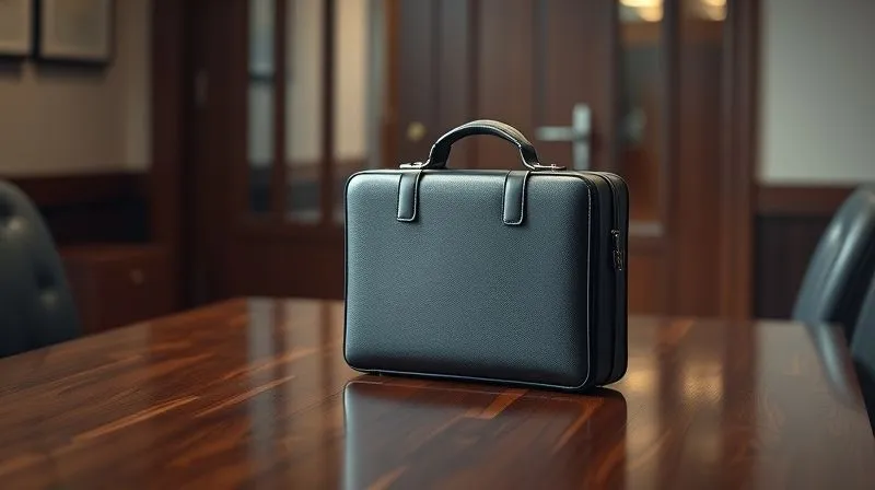 photorealistic, professional photography, 8K, cinematic lighting, sharp focus, depth of field, shot on a high-end DSLR, a single, elegant business briefcase placed gently on a polished wooden desk, with a faint, blurred reflection of a closing office door in the background. The lighting is soft, yet decisive, symbolizing a respectful, professional departure after a difficult but necessary decision.