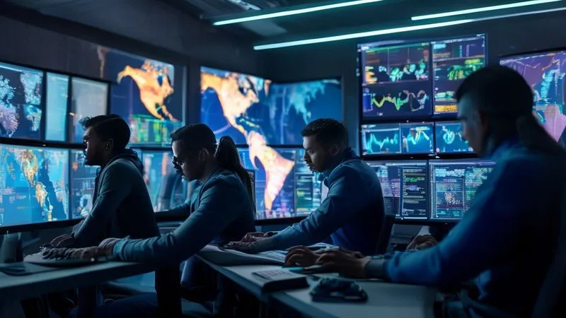 A photorealistic image of a diverse crisis management team in a modern, high-tech command center. They are intently focused on multiple large screens displaying real-time geopolitical maps, news feeds, and financial data. The lighting is low and dramatic, highlighting their serious expressions and the urgency of the situation. Sharp focus on the team, depth of field blurring the background screens. professional photography, 8K, cinematic lighting, shot on a high-end DSLR.