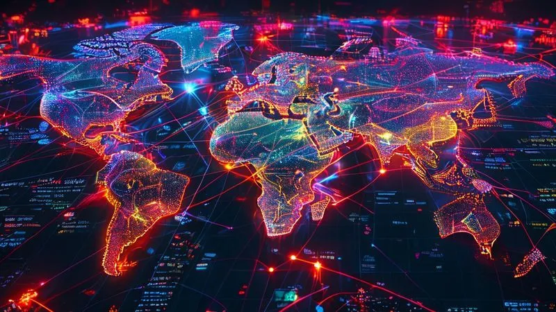 A photorealistic, high-angle view of a complex, resilient global supply chain network. Interconnected nodes represent factories, warehouses, and distribution centers across different continents. Lines of varying colors show diverse shipping routes, some rerouting smoothly around a visibly turbulent, red-shaded region on a map. The scene is well-lit, professional, and conveys efficiency and adaptability. professional photography, 8K, cinematic lighting, sharp focus on the network, depth of field blurring the distant background, shot on a high-end DSLR.