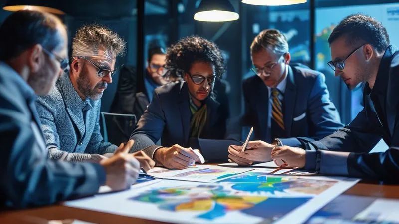 A photorealistic, professional image of a diverse group of international experts collaborating around a conference table. They represent different specializations: a legal expert with documents, a financial analyst with charts, a security consultant, and a geopolitical strategist pointing at a global map on a screen. The atmosphere is serious, focused, and collaborative, with cinematic lighting highlighting their faces. Sharp focus on the team, depth of field blurring the background. professional photography, 8K, cinematic lighting, shot on a high-end DSLR.