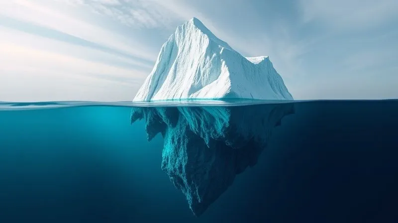 Photorealistic, professional photography, 8K, cinematic lighting, sharp focus, depth of field, shot on a high-end DSLR. A large iceberg with the tip visible above calm water, and a much larger, intricate structure submerged below the surface, illustrating the hidden depths of culture. The water is clear, allowing visibility of the underwater section, symbolizing insight.