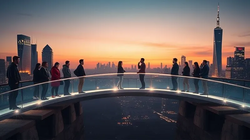 Photorealistic, professional photography, 8K, cinematic lighting, sharp focus, depth of field, shot on a high-end DSLR. A stylized, glowing bridge made of light connecting two distinct, culturally diverse groups of people on opposite sides of a chasm. The people are engaged in conversation across the bridge, symbolizing effective cross-cultural communication. The background is a modern, global cityscape at dusk.