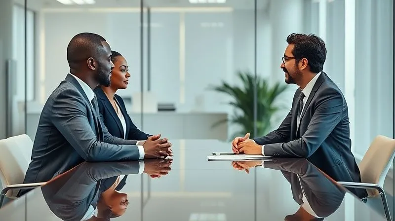 Photorealistic, professional photography, 8K, cinematic lighting, sharp focus, depth of field, shot on a high-end DSLR. A diverse group of three business professionals, one acting as a neutral mediator, with two others on either side engaged in a calm but focused discussion around a modern conference table. Subtle visual cues of resolution and understanding are emerging between the two individuals, guided by the mediator. The setting is a professional, well-lit office.