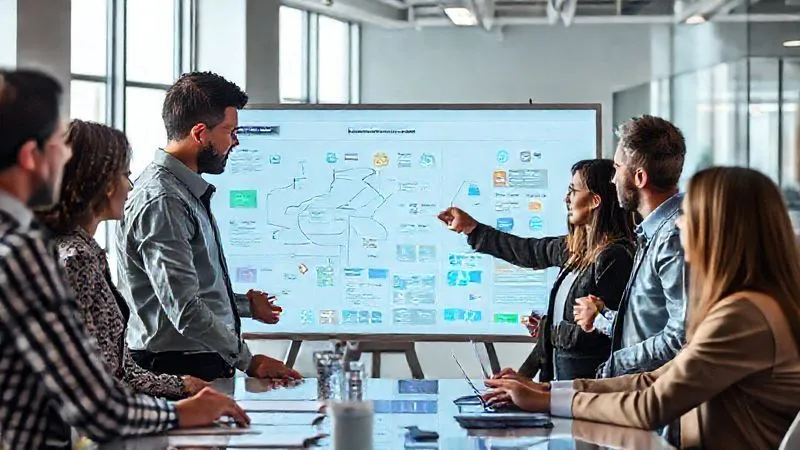 Photorealistic, professional photography, 8K, cinematic lighting, sharp focus, depth of field, shot on a high-end DSLR. A diverse team of professionals collaboratively working around a large interactive digital whiteboard in a modern, brightly lit office. They are actively discussing and mapping out a complex workflow diagram, with various digital tools and data visualizations displayed on the screen. One team member is pointing at a specific bottleneck on the screen, while others are nodding in agreement and offering solutions. The atmosphere is engaged, dynamic, and problem-solving oriented. Photorealistic, professional photography, 8K, cinematic lighting, sharp focus, depth of field, shot on a high-end DSLR. A diverse team of professionals collaboratively working around a large interactive digital whiteboard in a modern, brightly lit office. They are actively discussing and mapping out a complex workflow diagram, with various digital tools and data visualizations displayed on the screen. One team member is pointing at a specific bottleneck on the screen, while others are nodding in agreement and offering solutions. The atmosphere is engaged, dynamic, and problem-solving oriented.
