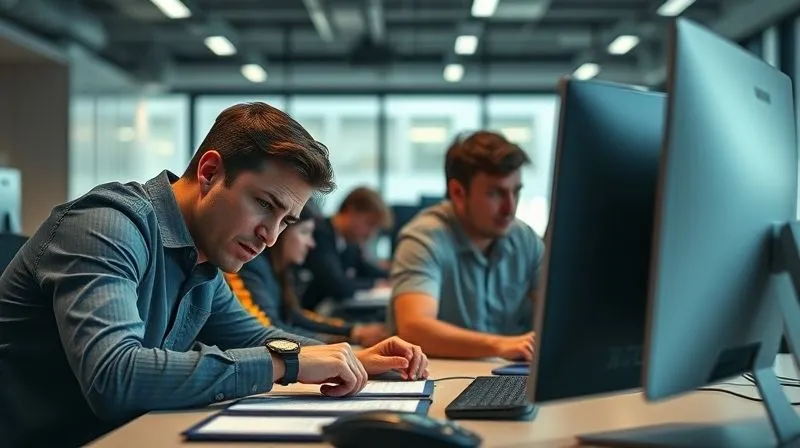 A photorealistic, professional photography, 8K, cinematic lighting, sharp focus, depth of field, shot on a high-end DSLR, depicting a diverse group of office workers looking stressed and disengaged in a modern open-plan office. One person is slumped over their desk, another is looking at their watch with a grimace, and a third is staring blankly at a computer screen. The overall mood is tense and somber, with muted colors and subtle shadows emphasizing the negative atmosphere.