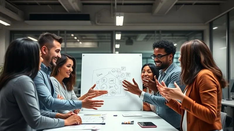 A photorealistic, professional photography, 8K, cinematic lighting, sharp focus, depth of field, shot on a high-end DSLR, showing a diverse group of colleagues in a modern office space, actively engaged in a lively and positive discussion around a whiteboard. They are smiling, making eye contact, and gesturing openly, conveying a strong sense of collaboration, trust, and psychological safety. The lighting is bright and inviting.