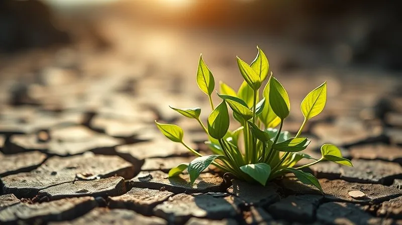 A photorealistic, professional photography, 8K, cinematic lighting, sharp focus, depth of field, shot on a high-end DSLR, depicting a vibrant, lush green plant growing vigorously from a cracked, arid ground, symbolizing growth and resilience emerging from a challenging past. The plant is reaching towards warm, inviting light, with new shoots and leaves, suggesting continuous evolution and positive change. The background is blurred, focusing on the plant's journey.