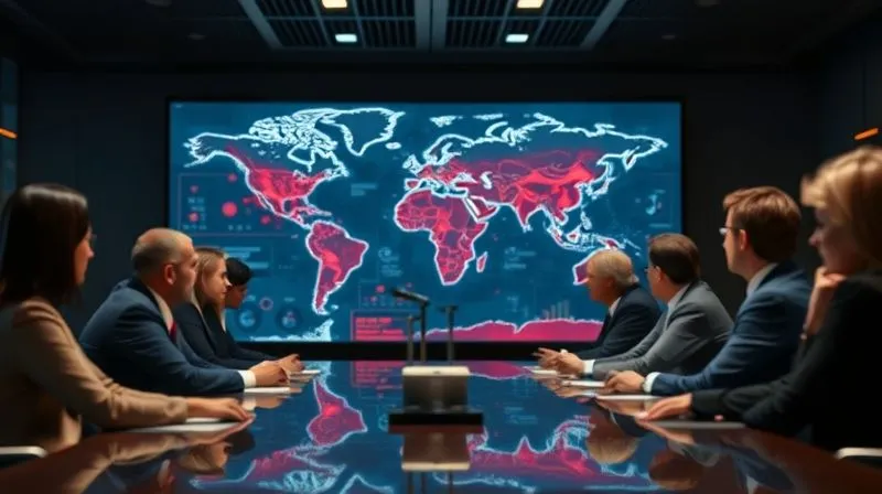 A photorealistic image of a diverse group of executives in a modern boardroom, intensely focused on a large digital display showing a complex global map with red alert zones, 8K, cinematic lighting, sharp focus, depth of field.