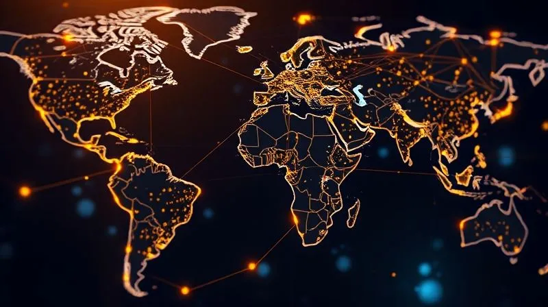 A photorealistic image of a complex global supply chain network, represented by glowing lines connecting different continents, with some lines abruptly broken or rerouted, symbolizing disruption and adaptation, 8K, cinematic lighting, sharp focus, depth of field.