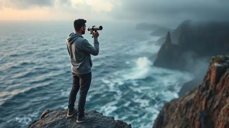 A photorealistic image of a person standing on a cliff overlooking a stormy sea, holding a high-tech telescope, symbolizing foresight and proactive risk monitoring in uncertain global landscapes, 8K, cinematic lighting, sharp focus, depth of field.