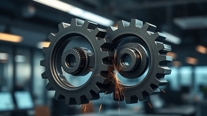 A photorealistic image of two distinct, strong gears interlocking with slight friction, sparks subtly flying at the contact point, against a blurred backdrop of a high-tech office environment, cinematic lighting, 8K, sharp focus, depth of field, professional photography.