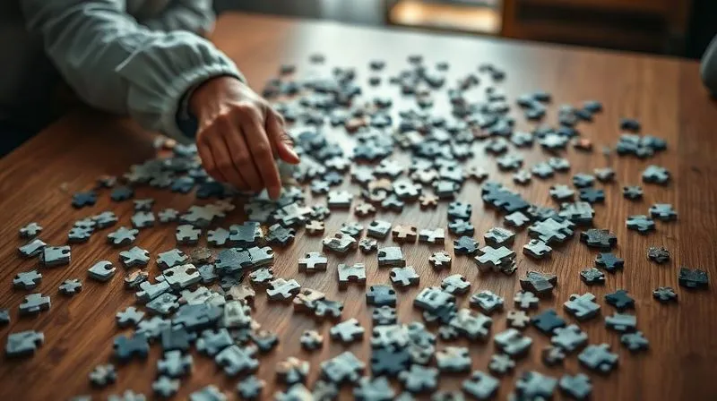 A photorealistic image of a person meticulously organizing scattered puzzle pieces on a large table, with some pieces starting to form a clear picture, representing problem diagnosis and understanding, soft ambient light, 8K, sharp focus on the puzzle, depth of field, professional photography.