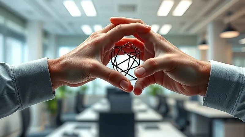 A photorealistic image of two hands, initially pushing against each other, now gently intertwining and collaborating to build a complex structure, symbolizing growth from conflict, against a bright, optimistic office background, cinematic lighting, 8K, sharp focus, depth of field, professional photography.