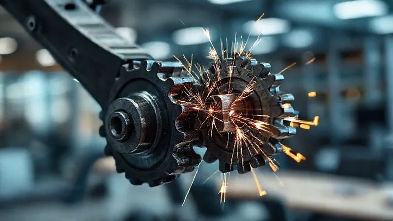 photorealistic, professional photography, 8K, cinematic lighting, sharp focus, depth of field, shot on a high-end DSLR, a metaphor of two powerful, intertwined gears grinding against each other, sparks subtly flying, representing the friction between strong individual drives, with a blurred background of a modern office. photorealistic, professional photography, 8K, cinematic lighting, sharp focus, depth of field, shot on a high-end DSLR, a metaphor of two powerful, intertwined gears grinding against each other, sparks subtly flying, representing the friction between strong individual drives, with a blurred background of a modern office.