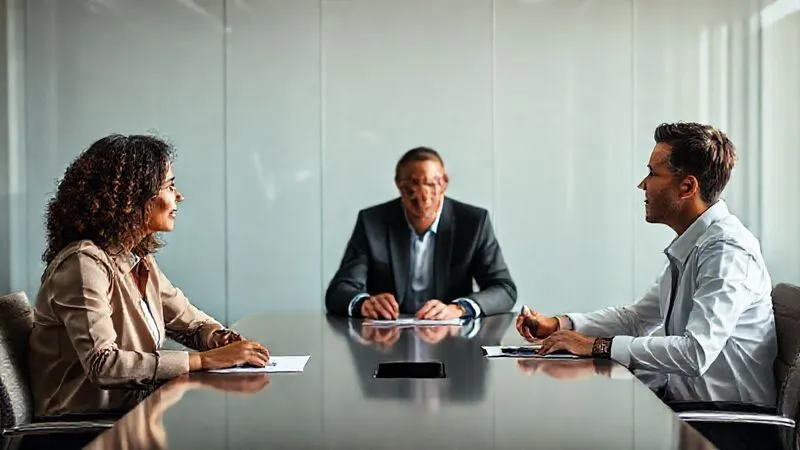 photorealistic, professional photography, 8K, cinematic lighting, sharp focus, depth of field, shot on a high-end DSLR, a diverse group of three professionals sitting around a sleek conference table, one person (the leader) at the head, actively listening with an empathetic expression, the other two facing each other but looking towards the leader, a sense of calm and focused discussion, soft, diffused office lighting. photorealistic, professional photography, 8K, cinematic lighting, sharp focus, depth of field, shot on a high-end DSLR, a diverse group of three professionals sitting around a sleek conference table, one person (the leader) at the head, actively listening with an empathetic expression, the other two facing each other but looking towards the leader, a sense of calm and focused discussion, soft, diffused office lighting.