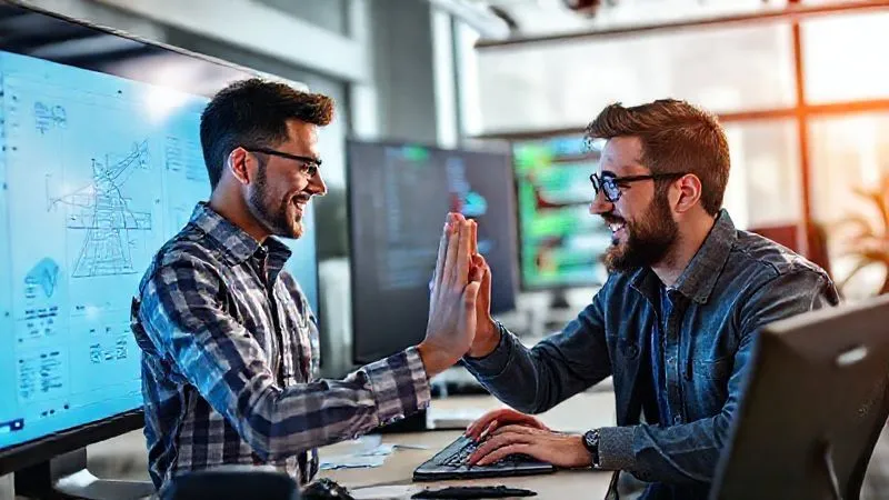 photorealistic, professional photography, 8K, cinematic lighting, sharp focus, depth of field, shot on a high-end DSLR, two diverse software engineers, one focused on a complex architectural diagram on a large screen, the other rapidly typing code, both smiling and looking at each other in a collaborative, high-five gesture, surrounded by a bright, modern tech office environment, symbolizing successful collaboration after conflict resolution. photorealistic, professional photography, 8K, cinematic lighting, sharp focus, depth of field, shot on a high-end DSLR, two diverse software engineers, one focused on a complex architectural diagram on a large screen, the other rapidly typing code, both smiling and looking at each other in a collaborative, high-five gesture, surrounded by a bright, modern tech office environment, symbolizing successful collaboration after conflict resolution.