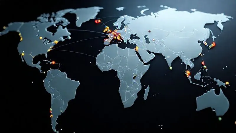 A photorealistic 3D rendering of a global map with interconnected lines representing diverse shipping routes and multiple colored dots indicating various ports, some highlighted as alternative options. The image should convey complexity and strategic planning, with a professional, clean aesthetic, cinematic lighting, sharp focus, depth of field, 8K hyper-detailed, shot on a high-end DSLR.