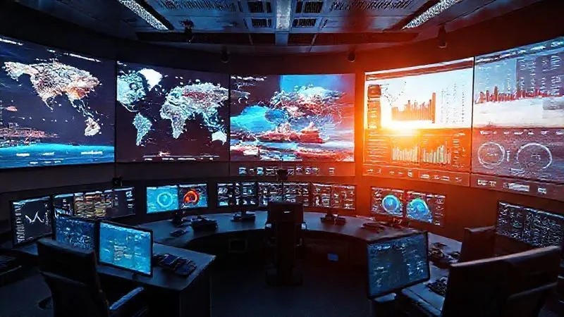 A photorealistic image of a sleek, modern logistics control room, with multiple large screens displaying real-time data visualizations: global shipping routes with moving vessels, dynamic charts of port congestion, and predictive analytics dashboards. The scene should be futuristic yet grounded, emphasizing data integration and control, cinematic lighting, sharp focus, depth of field, 8K hyper-detailed, shot on a high-end DSLR.