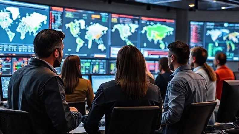A photorealistic image of a diverse group of professionals in a modern command center, intensely focused on large data screens displaying supply chain maps and alert notifications, conveying urgency and collaborative problem-solving. Professional photography, 8K, cinematic lighting, sharp focus on the team, depth of field, shot on a high-end DSLR.