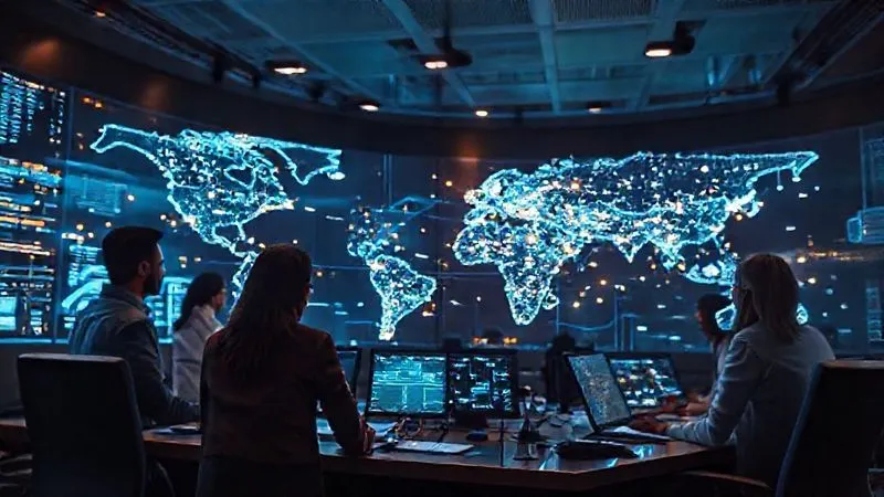 A photorealistic image of a futuristic control room with holographic displays showing a global supply chain network, glowing data points indicating real-time movement and potential disruption alerts, with a diverse team of logistics experts interacting with the technology. Professional photography, 8K, cinematic lighting, sharp focus on the holographic displays, depth of field, shot on a high-end DSLR.