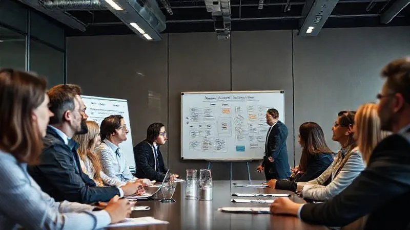A photorealistic image of a diverse group of business professionals in a modern conference room, engaged in a serious but calm discussion, with a whiteboard displaying communication strategies and stakeholder maps. The atmosphere is one of focused, transparent problem-solving. Professional photography, 8K, cinematic lighting, sharp focus on the group, depth of field, shot on a high-end DSLR.