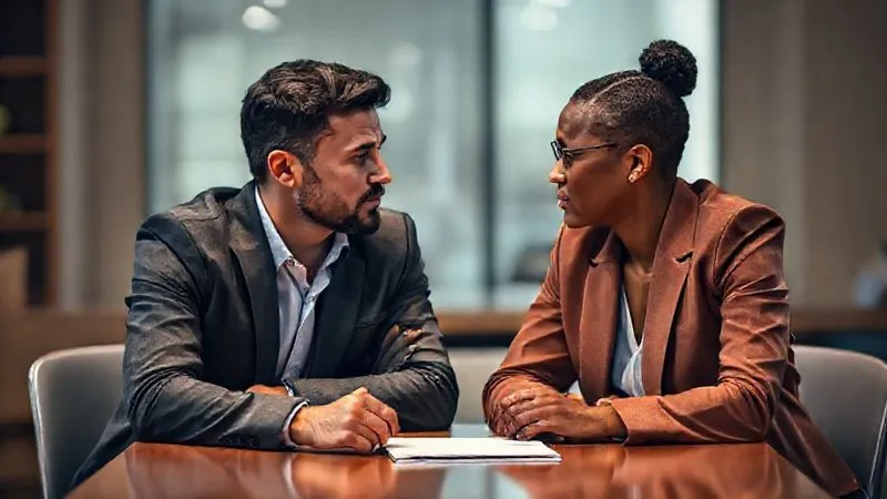 Photorealistic, professional photography, 8K, cinematic lighting, sharp focus, depth of field, shot on a high-end DSLR. Two diverse individuals, one representing management and one labor, sitting across a table, leaning slightly forward, engaged in intense but respectful dialogue. Their body language suggests active listening and a shared moment of focus, with a notepad and pen between them. The background is softly blurred, emphasizing their interaction. Photorealistic, professional photography, 8K, cinematic lighting, sharp focus, depth of field, shot on a high-end DSLR. Two diverse individuals, one representing management and one labor, sitting across a table, leaning slightly forward, engaged in intense but respectful dialogue. Their body language suggests active listening and a shared moment of focus, with a notepad and pen between them. The background is softly blurred, emphasizing their interaction.