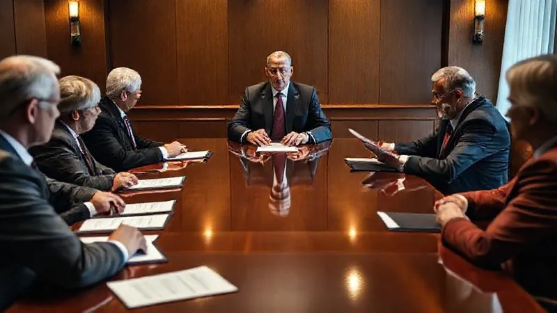 Photorealistic, professional photography, 8K, cinematic lighting, sharp focus, depth of field, shot on a high-end DSLR. A solemn, experienced arbitrator in a professional suit sits at the head of a polished boardroom table, listening intently. Two distinct groups, one representing management and one labor, are seated on opposite sides of the table, presenting documents and making their case. The atmosphere is formal and serious, with focused expressions and organized legal pads. Dramatic lighting highlights the central figure of the arbitrator. Photorealistic, professional photography, 8K, cinematic lighting, sharp focus, depth of field, shot on a high-end DSLR. A solemn, experienced arbitrator in a professional suit sits at the head of a polished boardroom table, listening intently. Two distinct groups, one representing management and one labor, are seated on opposite sides of the table, presenting documents and making their case. The atmosphere is formal and serious, with focused expressions and organized legal pads. Dramatic lighting highlights the central figure of the arbitrator.
